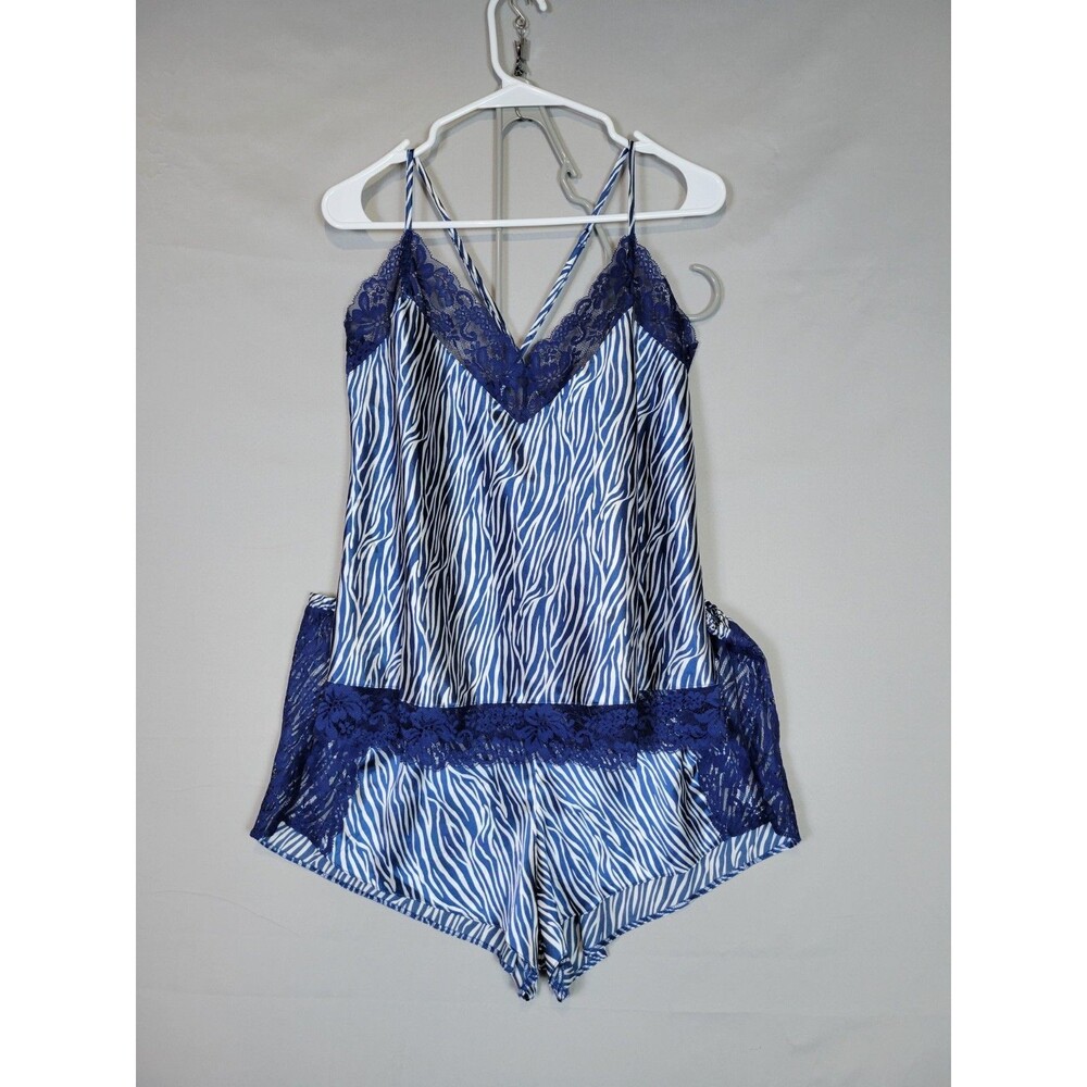 Fredericks Of Hollywood Satin & Lace Cami Shorts Set Large Blue White Zebra
